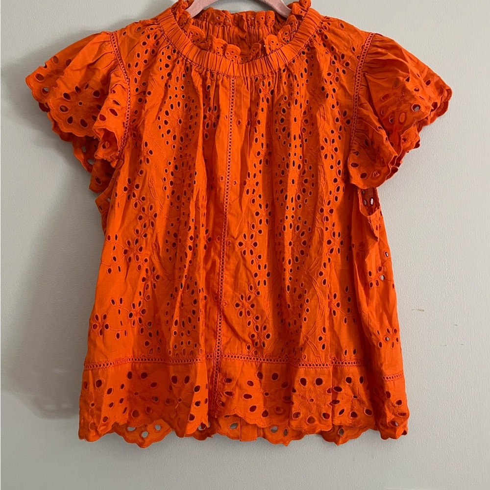 Vibrant Orange Eyelet Blouse for Women